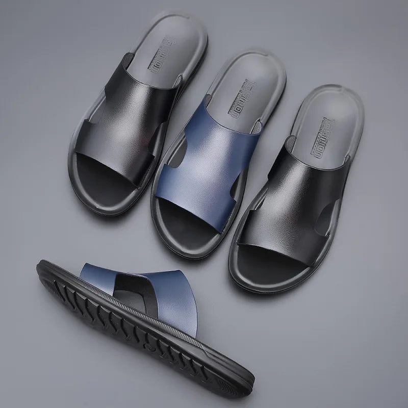 Herren Leder Slipper Sommer 2025 – Modische Slides mit Komfort-Sohle, Leichte Beach Sandalen für Alltag & Freizeit