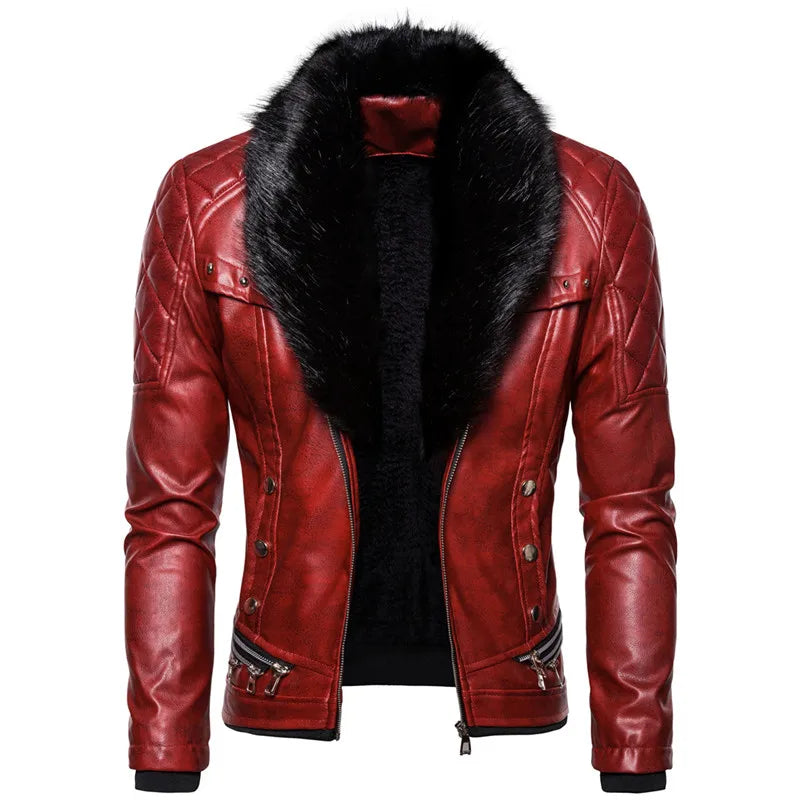 Herren Winter PU Leder Motorradjacke – Slim Fit Biker Bomberjacke mit abnehmbarem Fellkragen & warmem Fleece-Futter