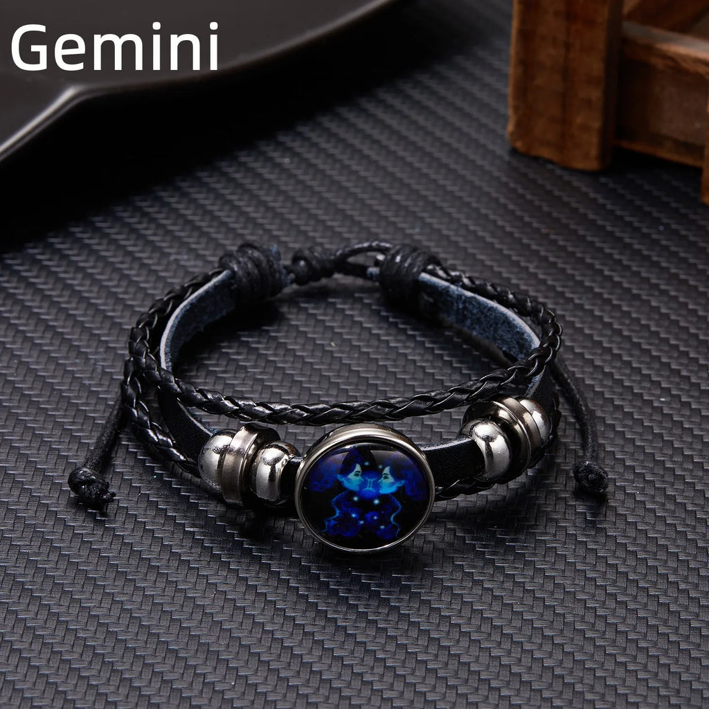 Leuchtendes Sternzeichen Lederarmband – Multilayer Wickelarmband mit Tierkreis-Charm für Damen & Herren, ideales Geschenk