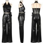 Elegantes PU-Leder 2-Teiler Damen Set – Halter Crop Top Rückenfrei & High-Waist Wide-Leg Hose, Sexy Y2K Club & Party Outfit