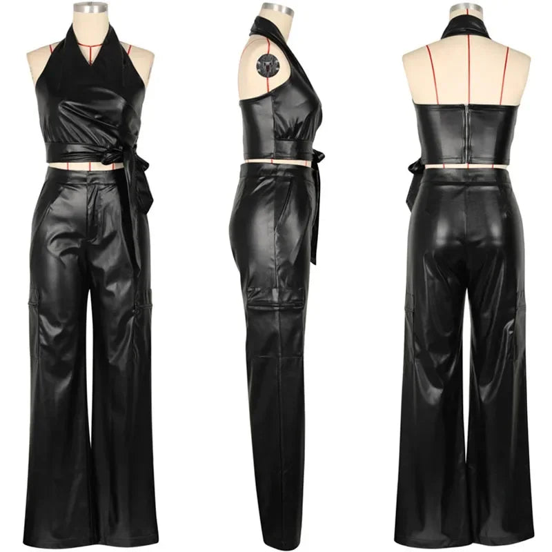 Elegantes PU-Leder 2-Teiler Damen Set – Halter Crop Top Rückenfrei & High-Waist Wide-Leg Hose, Sexy Y2K Club & Party Outfit