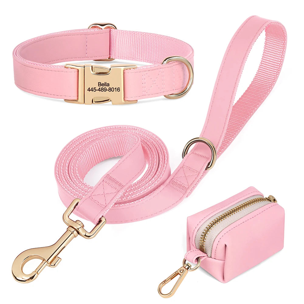 Personalisiertes PU-Leder Hundehalsband- & Leinen-Set mit Kotbeutelhalter – Farbiges Komfort-Set für Hunde & Möpse