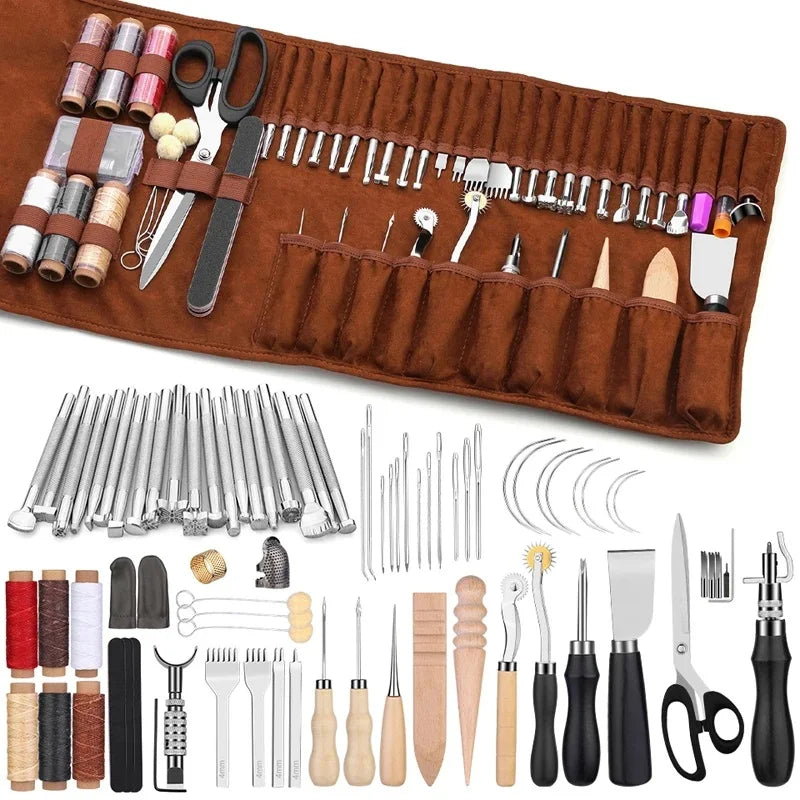 KRABALL Profi Leder Nähset 48/72-teilig – Komplettes Leather Craft Werkzeug-Kit mit Nadeln, Ahle & Nähgarn für Reparatur & DIY