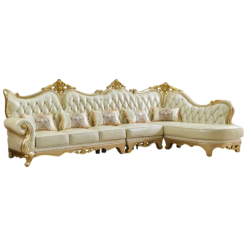 Europäisches Leder Ecksofa im französischen Stil – Massivholz Wohnzimmersofa in Champagner-Gold, L-Form Kombination