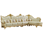 Europäisches Leder Ecksofa im französischen Stil – Massivholz Wohnzimmersofa in Champagner-Gold, L-Form Kombination