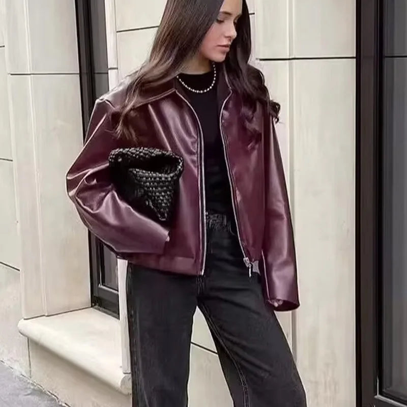 Damen Vintage Lederjacke Bordeaux Rot – Kurze Jacke im American Style mit Reißverschluss für Herbst & Winter 2024