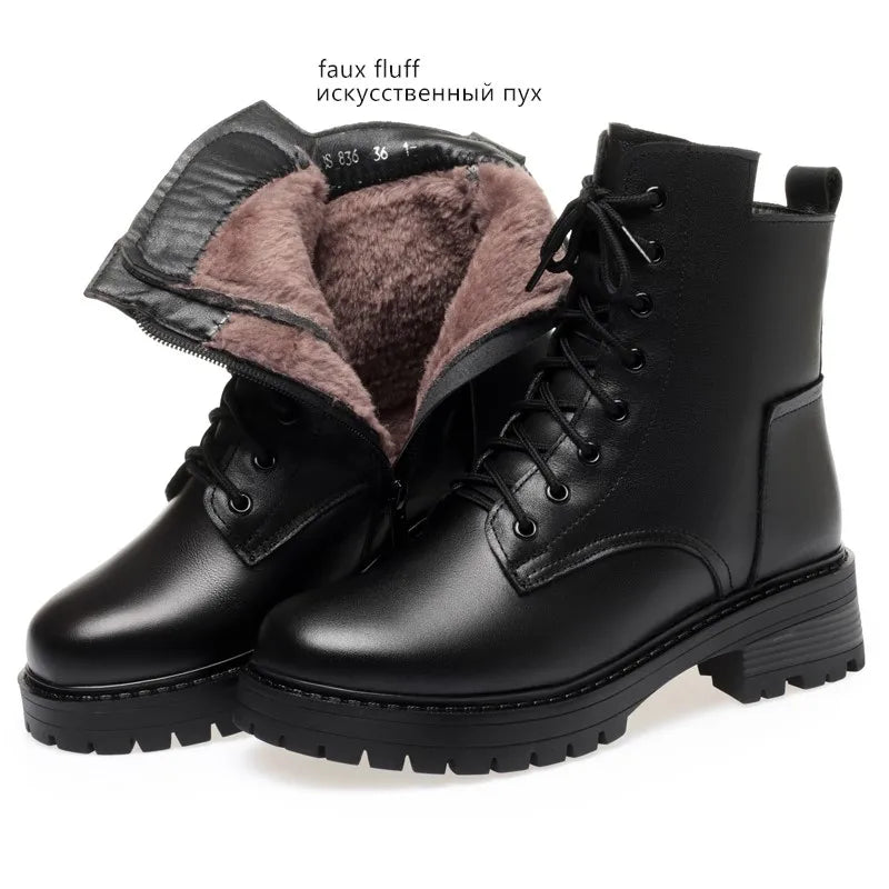 Damen Winter Snow Boots aus echtem Leder – Warme & rutschfeste Ankle Boots mit Kunstfellfutter, Blockabsatz & Reißverschluss, Größen 35–43