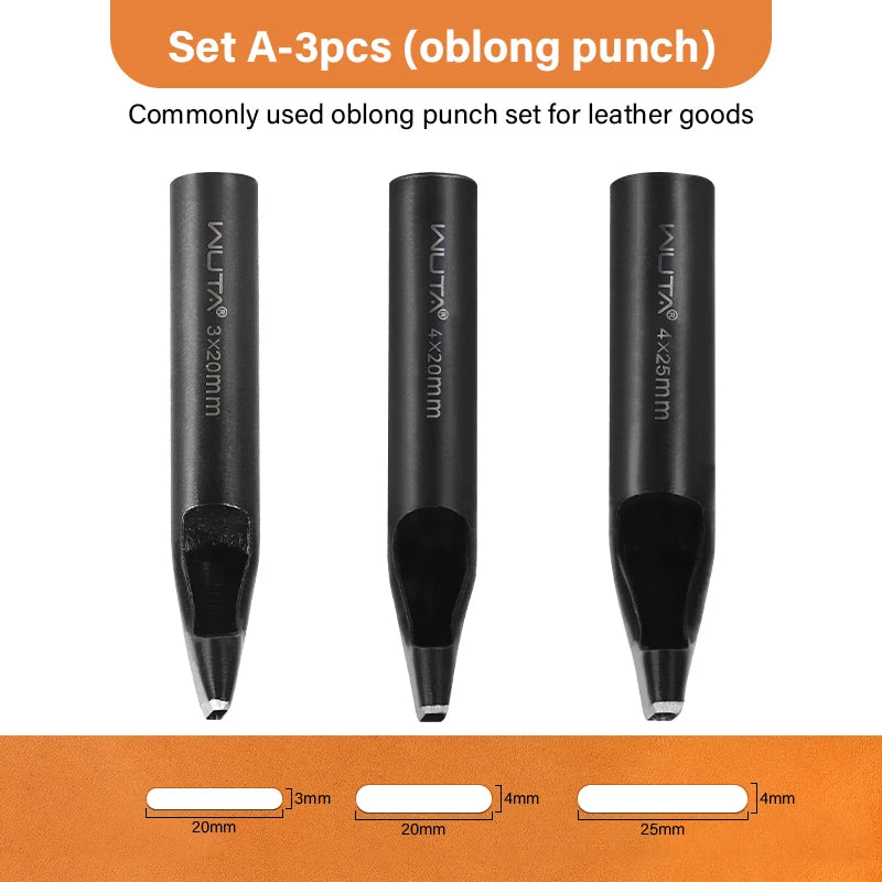WUTA Basic Series Langloch Lederstanzer Set (3–7 tlg.) – Ovale Lochpfeifen aus Carbonstahl für Gürtel, Uhrenarmbänder & Lederarbeiten