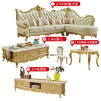 Europäisches Leder Ecksofa im französischen Stil – Massivholz Wohnzimmersofa in Champagner-Gold, L-Form Kombination