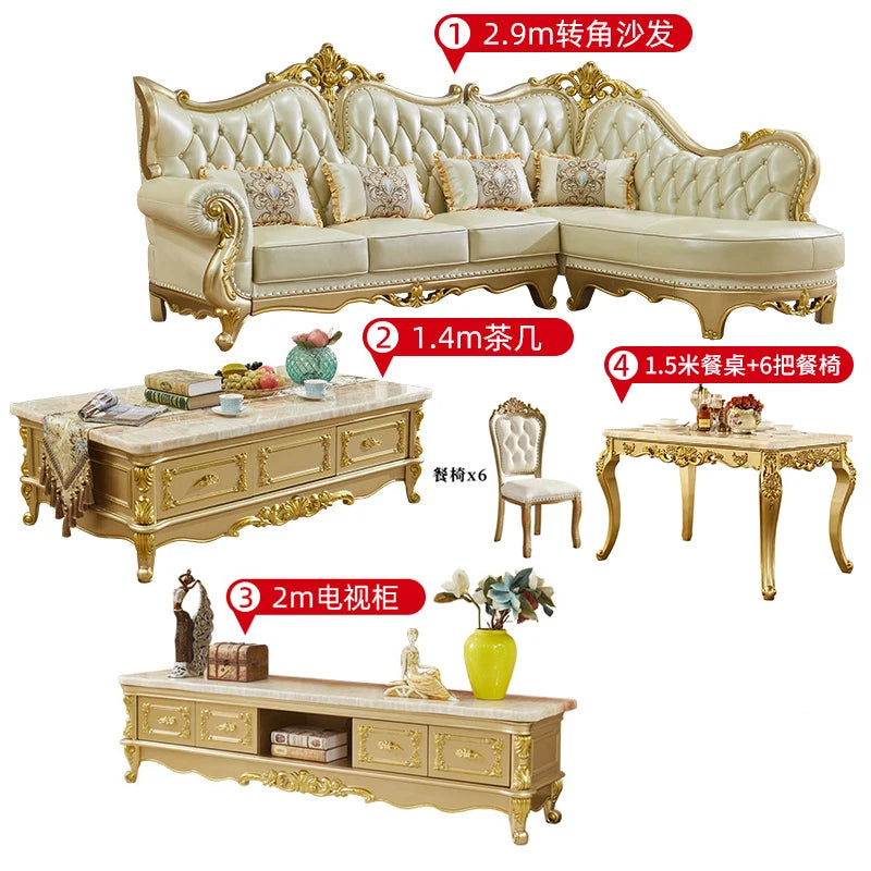 Europäisches Leder Ecksofa im französischen Stil – Massivholz Wohnzimmersofa in Champagner-Gold, L-Form Kombination