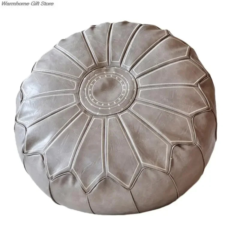 Marokkanischer PU Leder Pouf 58 cm – Handgefertigtes Meditationskissen & Ottoman mit Stickerei, rund, ungefüllt