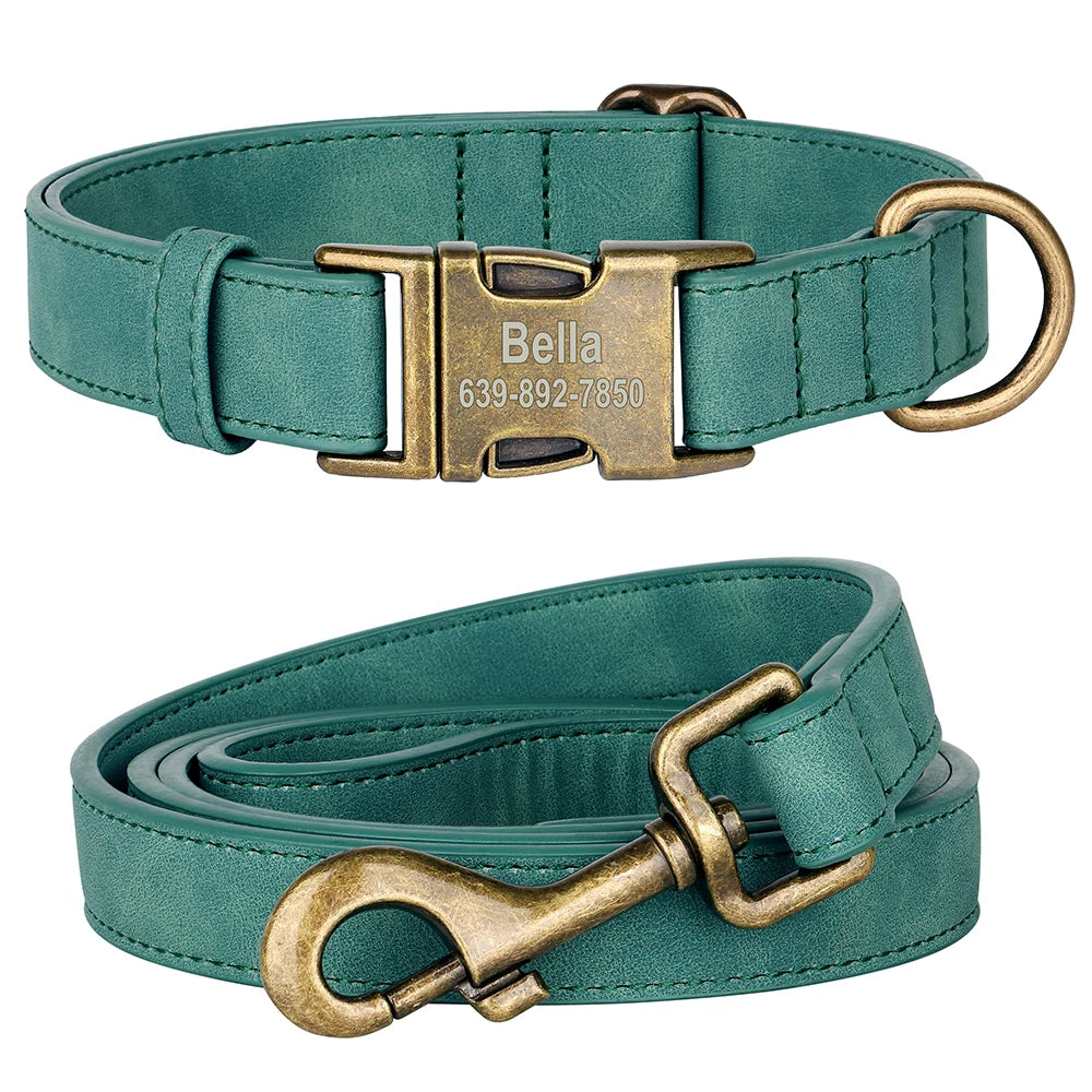 Personalisiertes Hunde-Halsband & Leinen-Set aus PU-Leder – Verstellbares Anti-Verlust Halsband mit gravierter Metallschnalle für kleine & mittelgroße Hunde