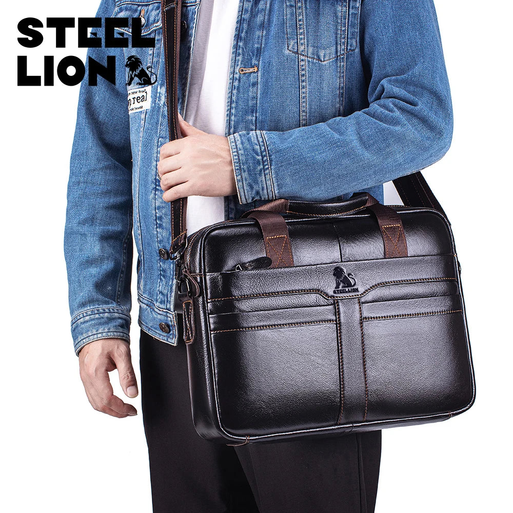 STEEL LION Herren Leder-Aktentasche – Große Business- und Laptop-Tasche aus Cowhide, Hand- und Schultertragbar