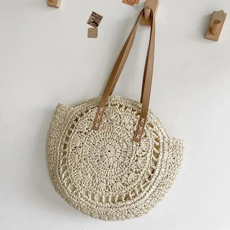 Sommerliche Damen Strandtasche aus Rundem Stroh – Grand sac de plage tissé avec sacs à main Hohem 