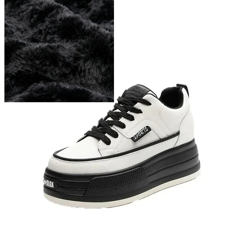 Damen Leder Plateau Sneaker 7 cm – Keilabsatz Schuhe aus echtem Leder für Herbst & Winter, modische Wedge Sneakers