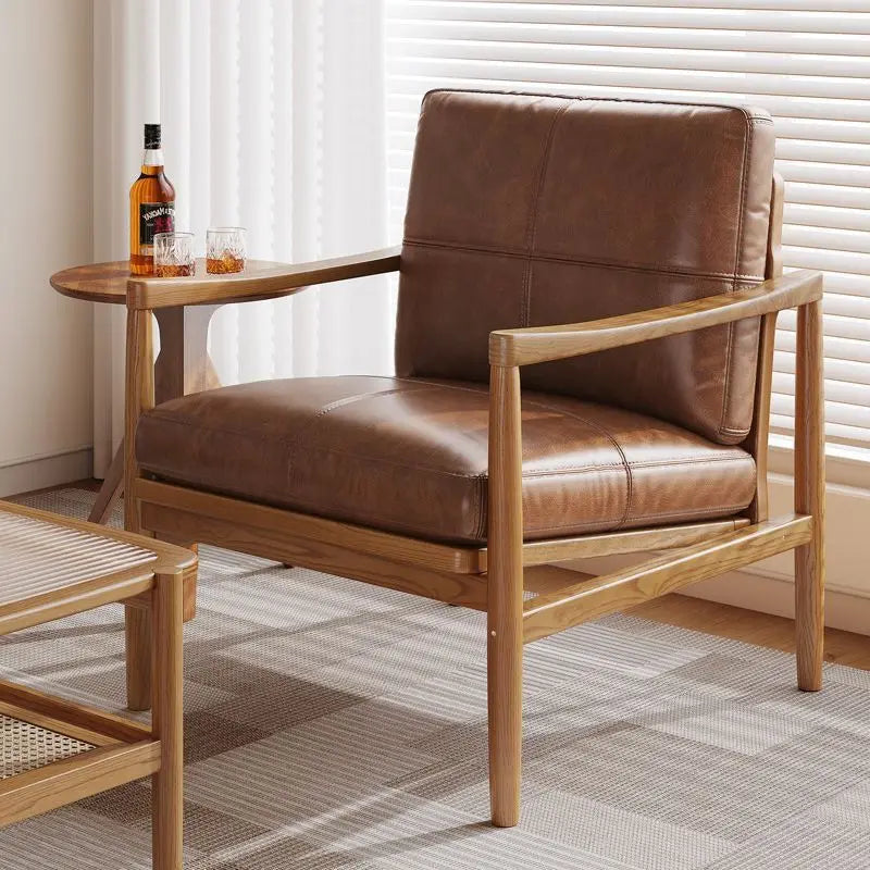 Stilvoller Leder-Loungesessel mit Massivholzgestell – Moderner & gemütlicher Einzelsessel im skandinavischen Design für Wohnzimmer