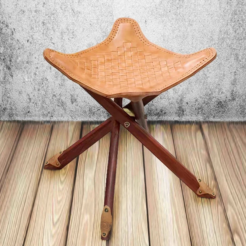 Vintage Leder & Massivholz Hocker – Kompakter Schuhwechsel- & Fußhocker im Retro-Morocco-Stil, stabiler Wohn- & Sitzhocker