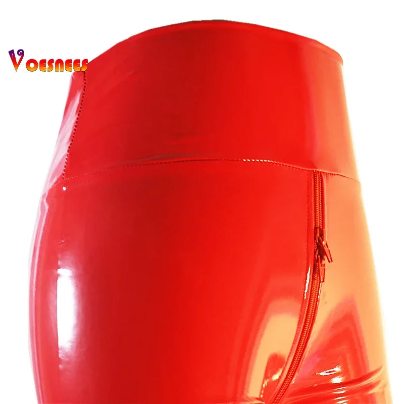 Damen Gothic PU Leder Leggings – Glänzend, High Waist & elastisch, Slim Fit Lederlook Hose mit Reißverschlussdetails