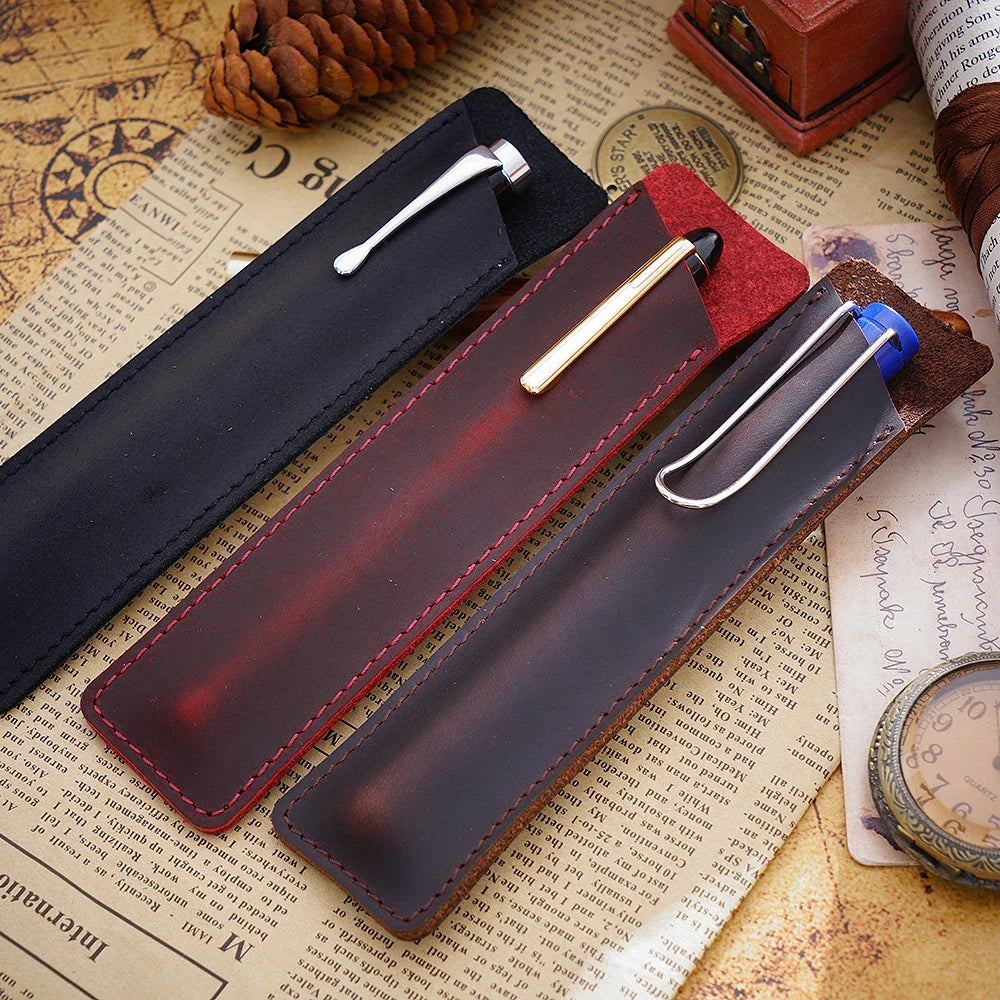 Vintage Leather Stifteetui für Notizbuch &amp; Reise – Schlanke Pen Pouch en cuir véritable pour bureau et école 