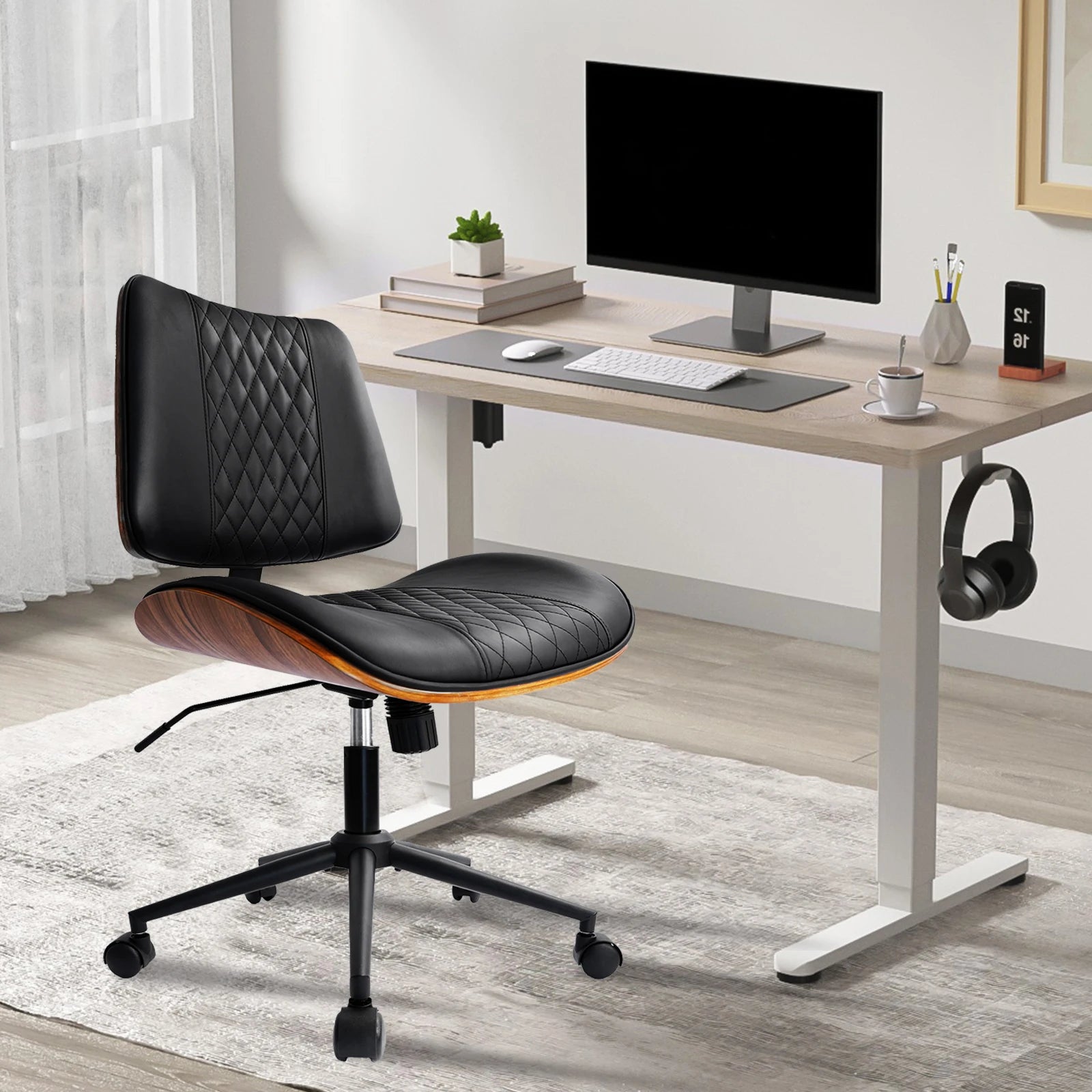 Durrafy Armloser Bürostuhl aus Leder – Moderner Schreibtischstuhl in Walnuss-Optik, höhenverstellbar & drehbar für Homeoffice