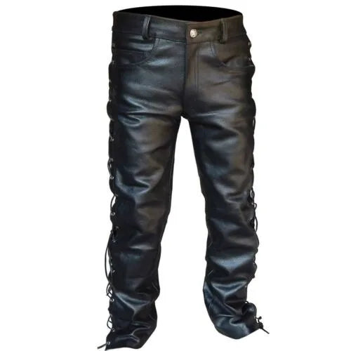 Herren Punk Lederhose aus PU – Schwarze Motorradhose mit seitlicher Schnürung, lockere Passform für Club, Freizeit & Biker-Style