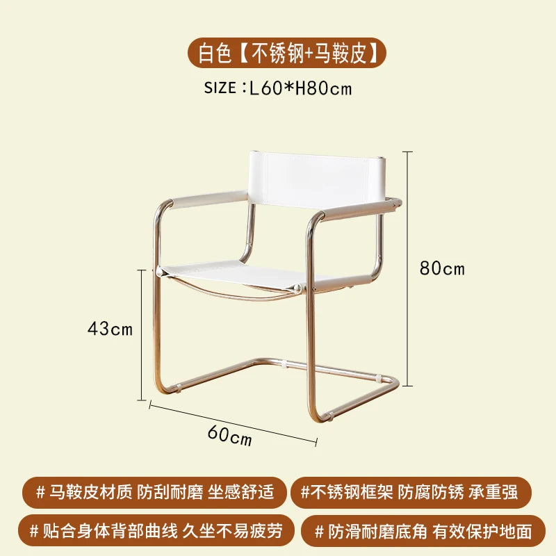 Bauhaus Esszimmerstuhl aus Edelstahl &amp; Sattelleder – Platzsparender Designerstuhl mit Armlehnen für Wohnzimmer &amp; Essbereich