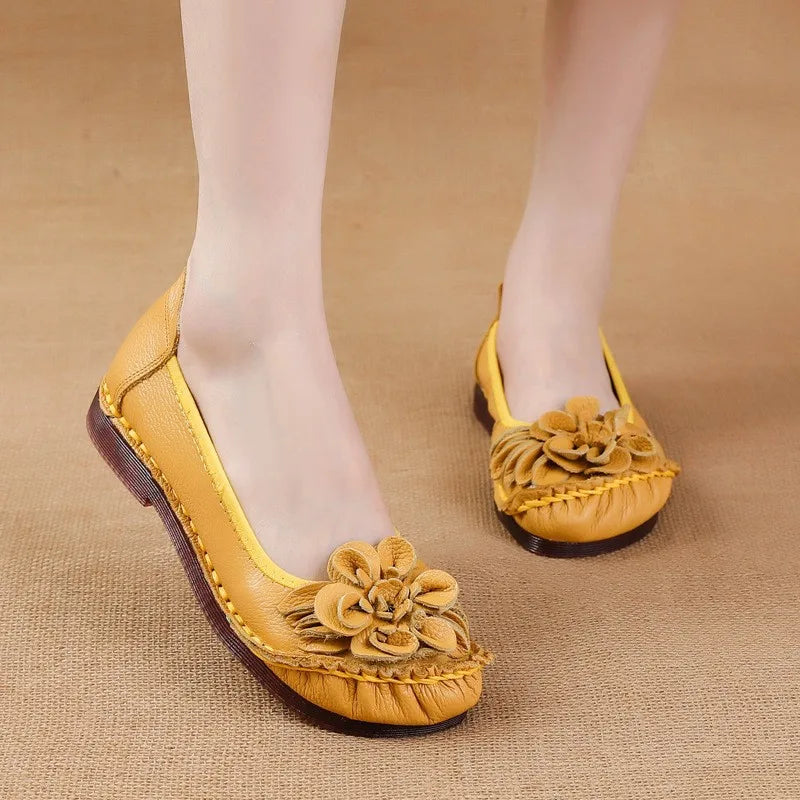 Lorilury Damen Leder Ballerinas WB-317K – Handgefertigte Blumen-Slipper, Komfortable Slip-On Loafers für Frühling & Alltag