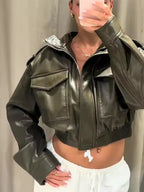 Veste en simili cuir pour femme Loose Fit – Veste courte avec revers et plis, Casual Chic pour Herbst 2025 