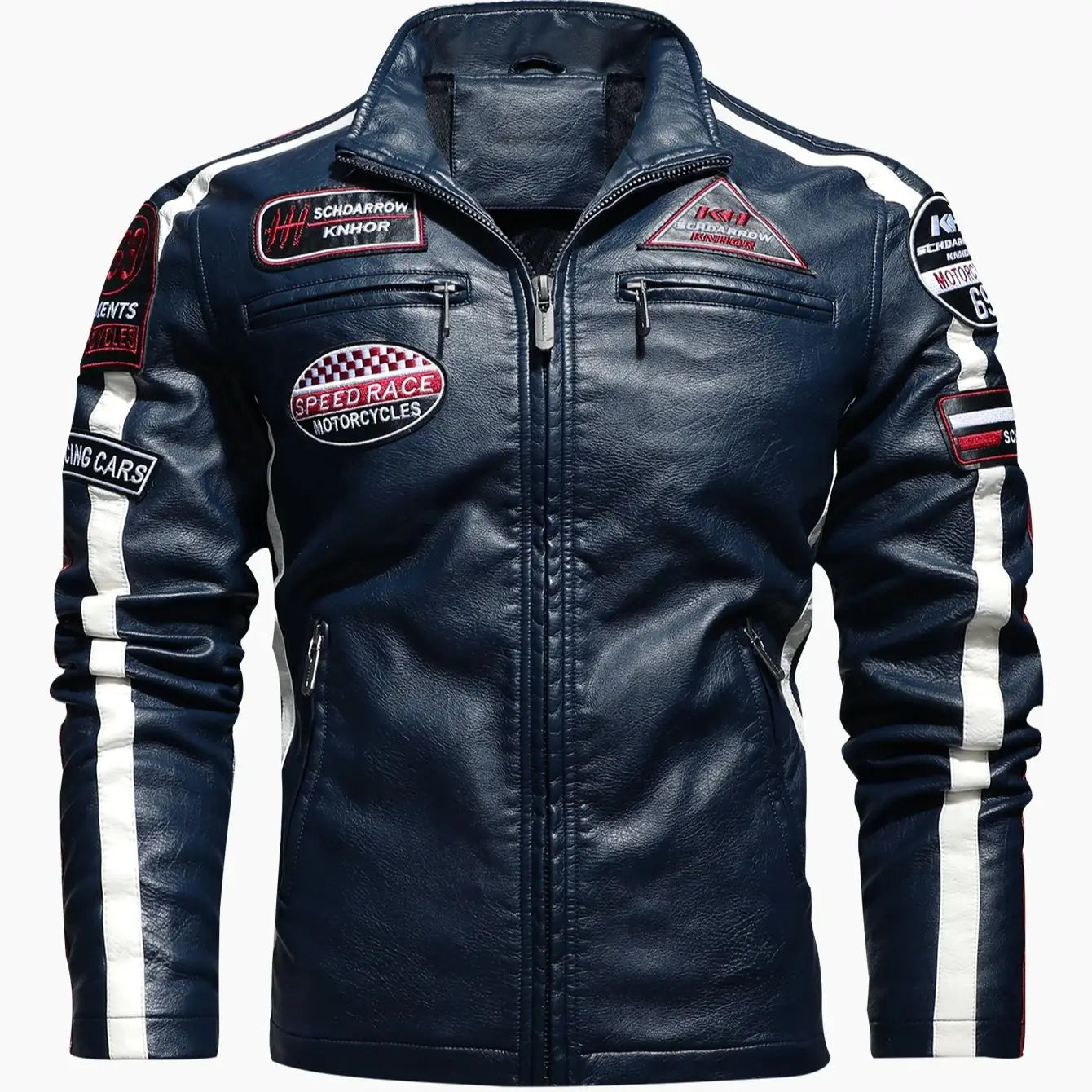 Herren Motorrad Racing Jacke aus PU-Leder – Bikerjacke mit Stehkragen, Patchwork-Design & Reißverschluss für Herbst & Winter