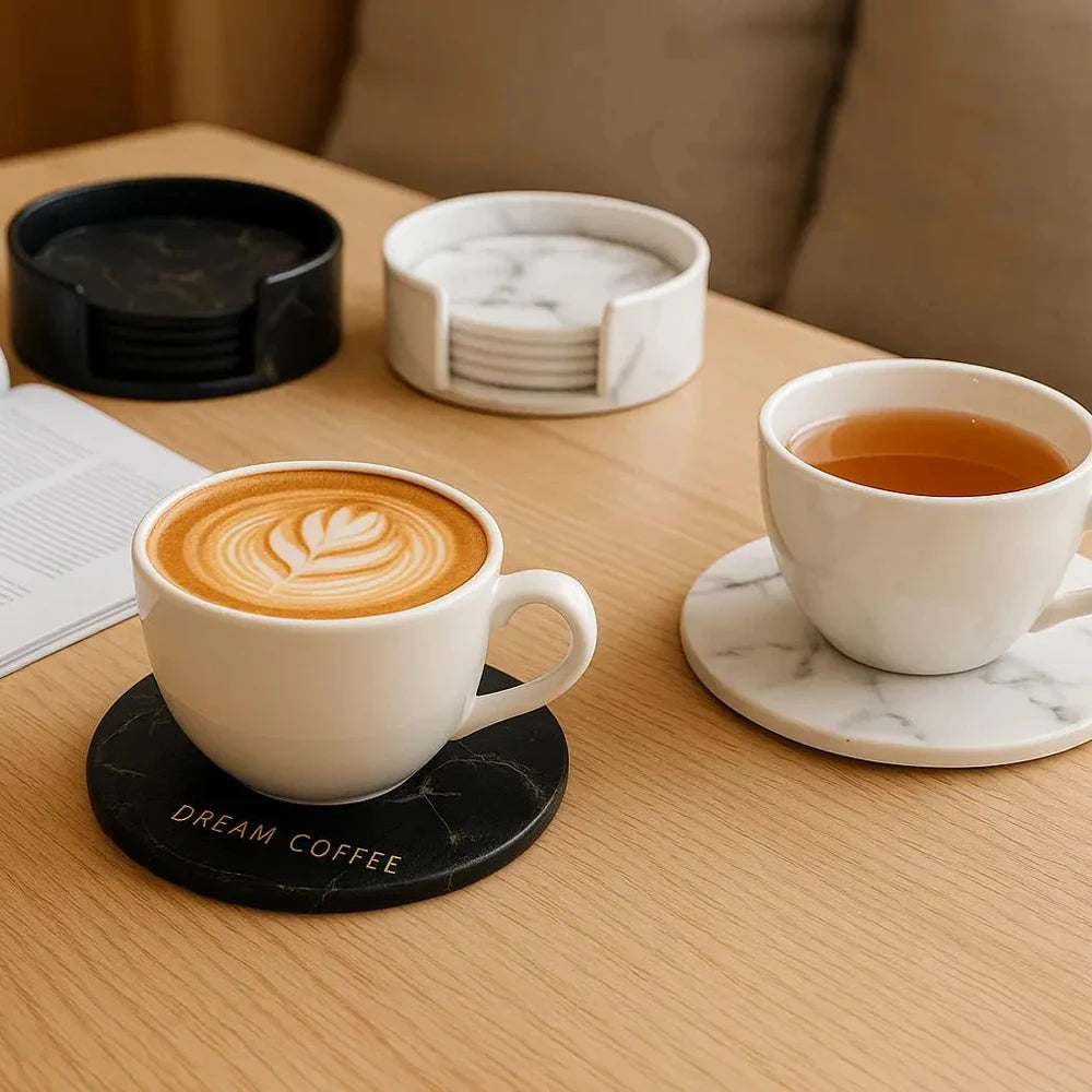 6er-Set personalisierte Leder-Marmor Untersetzer – Runde, hitzebeständige Getränkeunterlagen mit kostenloser Gravur für Kaffee & Tee