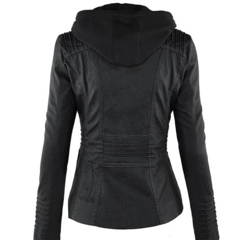 Liva Girl Damen PU Lederjacke 2025 – Basic Motorradjacke mit Kapuze, wetterfeste Kunstleder Winterjacke mit Reißverschluss