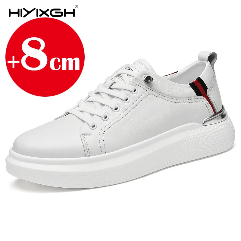 Hiyixgh Herren Lederschuhe mit Höhenaufbau – Weiße Sneaker mit 6–8 cm Elevator-Einlagen, sportlich & casual