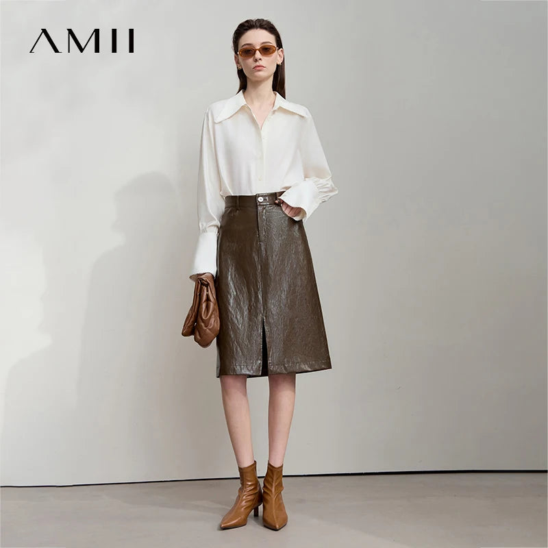 AMII Damen PU Leder Rock – Minimalistischer Knie­langer Business-Rock im American Retro Stil, eleganter Office-Rock Herbst/Winter 2025