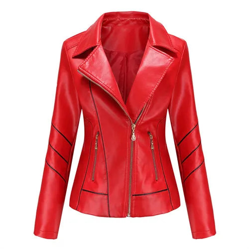 Rote Damen PU Lederjacke – Modische Biker Kunstlederjacke mit Reißverschluss, lässige Moto Jacke für Frühling & Herbst