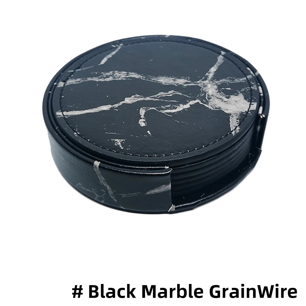 6er Set Kunstleder Untersetzer in Marmor-Optik mit Halter – Rutschfeste & wasserdichte Getränkeuntersetzer für Bar, Küche & Esstisch