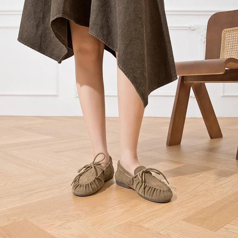 DIMANYU Damen Flats – Britische Stil Loafers aus vraiment Rindsveloursleder, Retro Slip-On Moccasins, runde Zehen, Frühling &amp; Herbst 