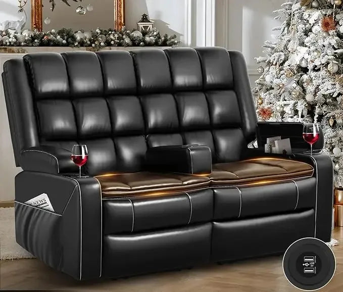 Nordisches Relaxsofa mit elektrischer Liegefunktion – Atmungsaktives Kunstleder Sofa-Set mit Wärme- & Massagefunktion, Stauraum & Konsole