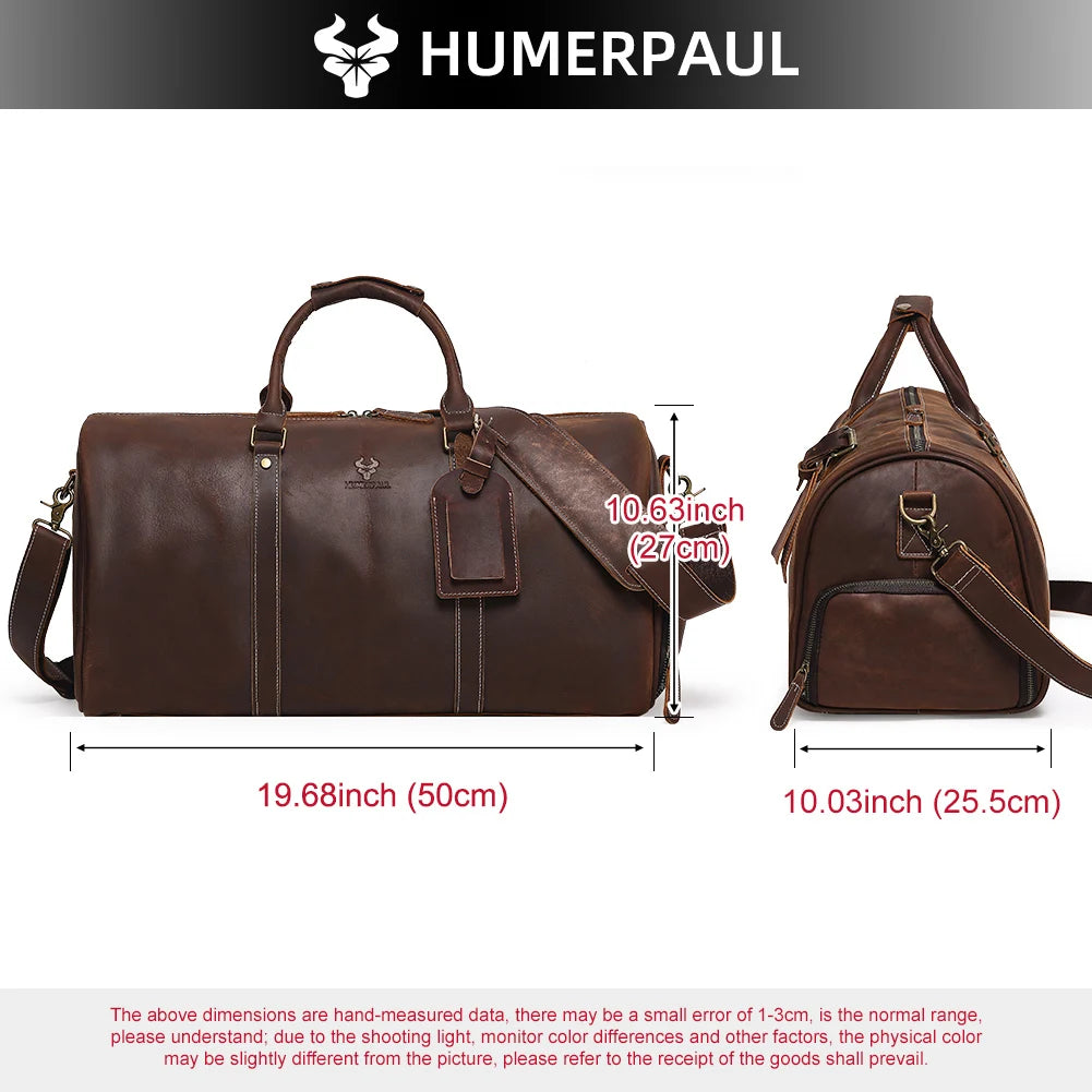 HUMERPAUL Crazy Horse Leder Business Duffle Bag - Bolsa grande con ruedas de grano completo con 15 pulgadas para computadora portátil y funda para portátil