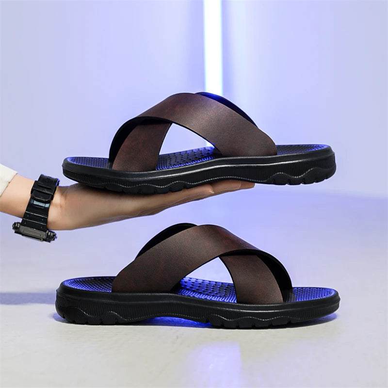 YRZL Herren Sommer Sandalen – Leichte PU-Leder Slipper, Rutschfeste Outdoor Beach Schuhe & Bequeme Flip-Flops