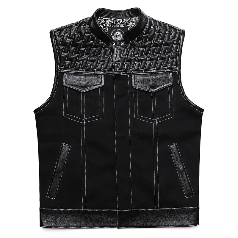 SOA Club Style Herren Biker Weste – Slim Fit Motorrad Weste mit Denim-Patchwork & Stickerei, Ärmellose Sons of Anarchy Style Waistcoat