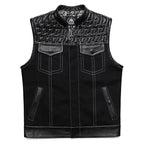 SOA Club Style Herren Biker Weste – Slim Fit Motorrad Weste mit Denim-Patchwork & Stickerei, Ärmellose Sons of Anarchy Style Waistcoat