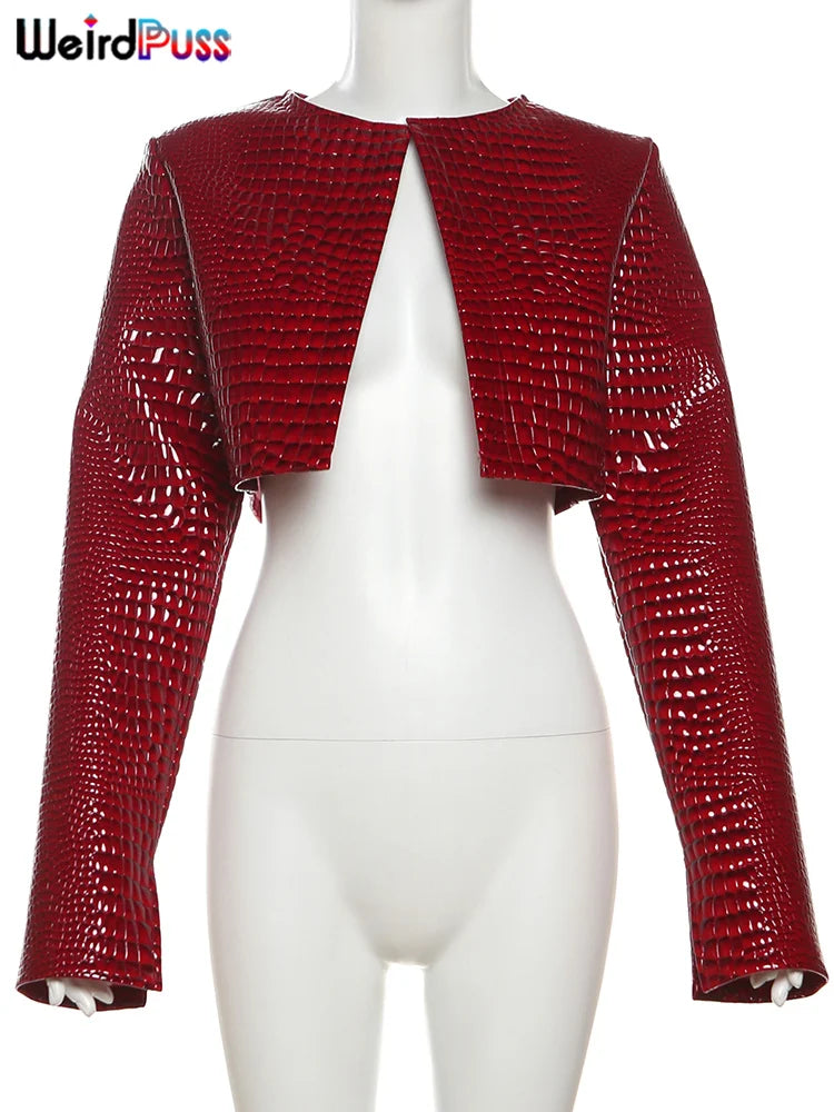 WEIRD PUSS Damen Faux Lederjacke mit Snake-Print – Cropped Hipster Jacke mit O-Neck, Slim Fit Streetwear für Herbst & Winter
