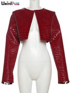 WEIRD PUSS Damen Faux Lederjacke mit Snake-Print – Cropped Hipster Jacke mit O-Neck, Slim Fit Streetwear für Herbst & Winter