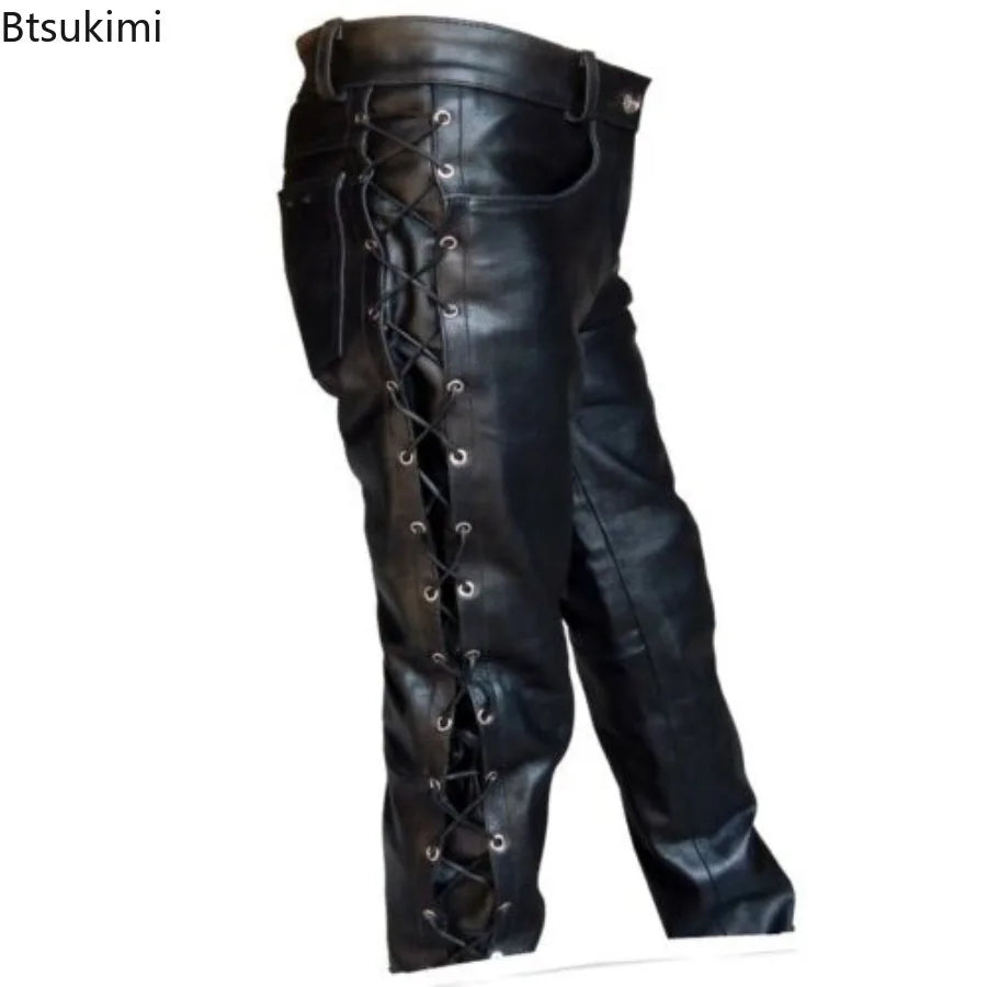 Herren Punk Lederhose aus PU – Schwarze Motorradhose mit seitlicher Schnürung, lockere Passform für Club, Freizeit & Biker-Style