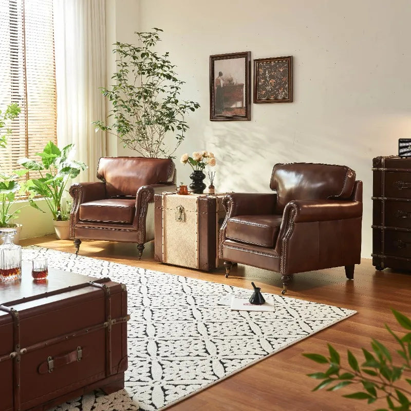 Vintage Leder Sessel im französisch-amerikanischen Stil – Antiker Relaxsessel aus Oil-Wax Leder, Retro Tiger Chair für Wohnzimmer & Lounge