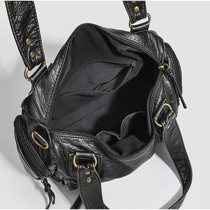 Punk Biker Damen Tote Bag – Große PU-Leder Schulter- & Crossbody-Tasche im Moto-Stil mit Nieten und Multi-Pockets