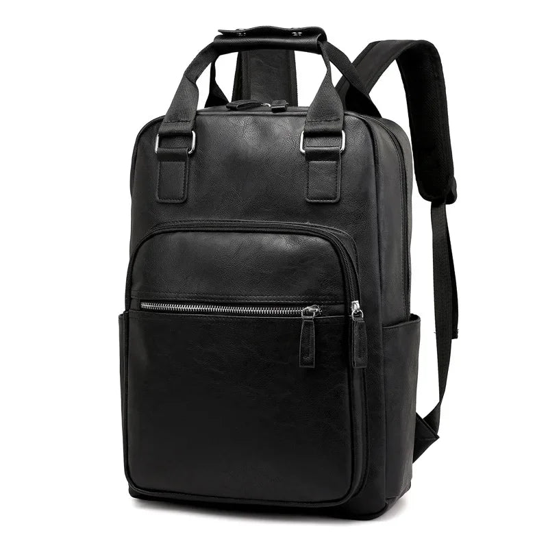 FENGDONG Schwarzer Business PU Leder Rucksack – Wasserdichter Laptop Rucksack 15,6 Zoll für Arbeit, Schule & Alltag