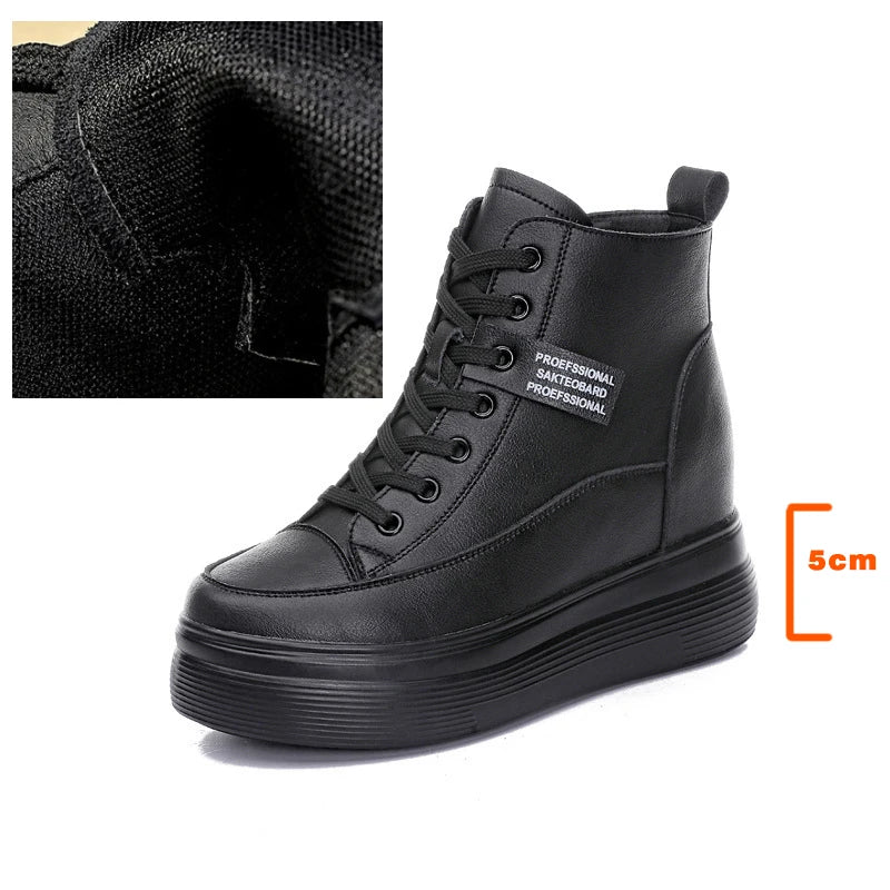 Fujin Damen Platform Wedge Sneakers aus echtem Leder – 8 cm Keilabsatz, Chunky Lace-Up Schuhe mit dicker Sohle für Herbst & Winter