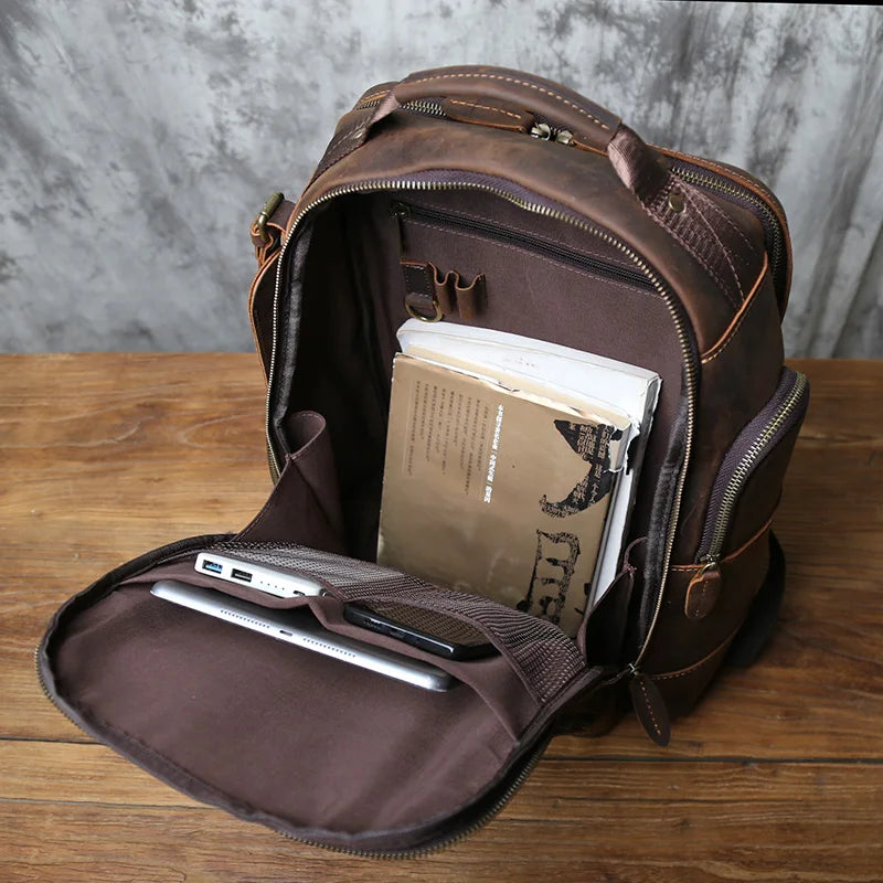 NZPJ Retro Herren Leder Rucksack aus echtem Rindsleder – Großer Vintage Laptop- &amp; Reiserucksack aus Crazy Horse Leder