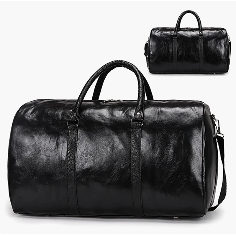 Große Leder Travel Bag für Herren – Schwarze PU Leder Duffle & Fitness Tasche mit Reißverschluss, modische Schulter- & Reisetasche